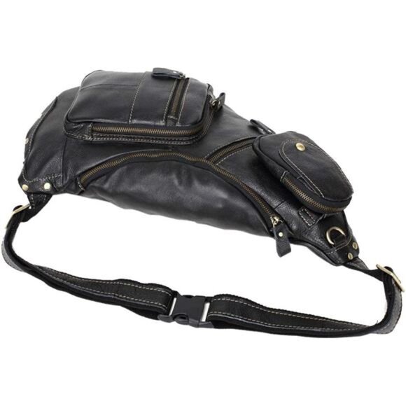 NEW Black Leather Genuine Cowhide Leather Sling Crossbody Bag - Picture 4 of 6